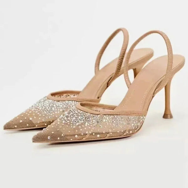 Luxury Brand Shiny Rhinestone Design Mesh High Heels Women