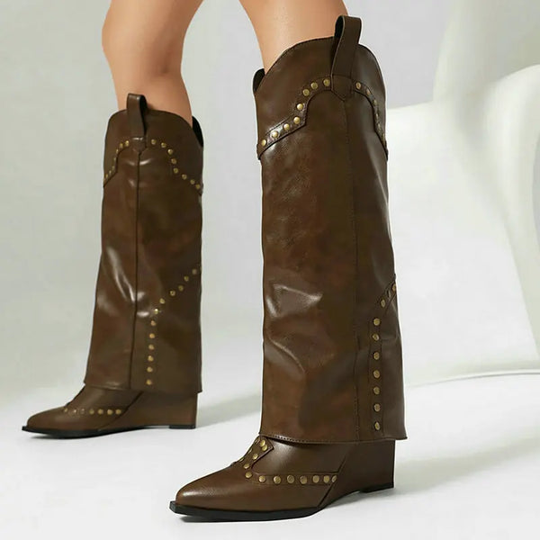 Women Knee High Boots Pointed Toe Wedges High Heel Ladies Western Boots