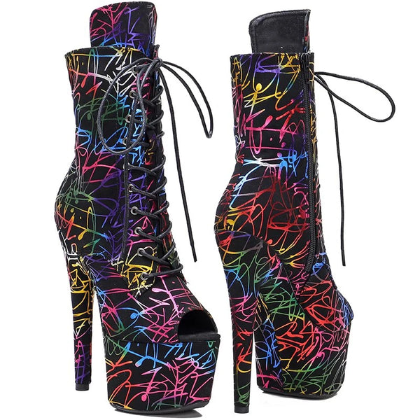 Botas modernas de tacón alto con plataforma para mujer, parte superior de PU, 17 cm/7 pulgadas, para fiesta