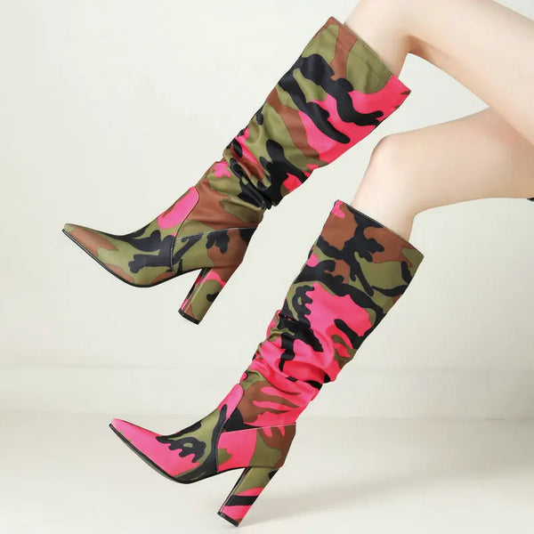 Women Knee High Boots Pointed Toe Square High Heel Ladies Calf Boots