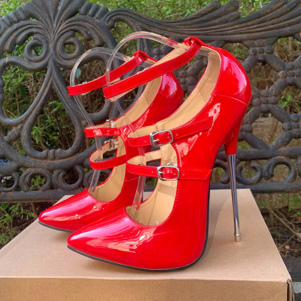 16cm Super High Heels Ankle Strap Sexy Red Pumps Fetish White Stilettos