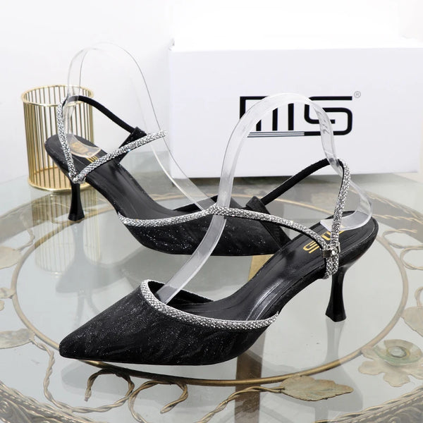 Sandalias de tacón alto puntiagudas con diamantes de imitación y cinturón en T para mujer
