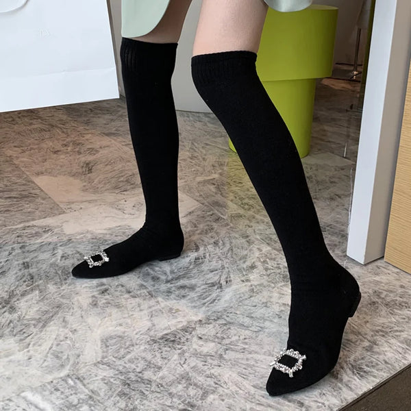 New Design Crystal Buckle Women Slim Leg Thigh High Sock Boots