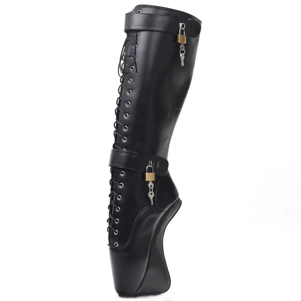 Sexy Hoof Heel Knee-high Boots Pointed Toe Lockable Ballet Boots With Lock