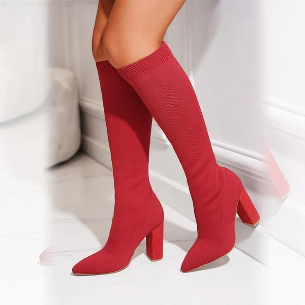 Fashion Knitted Stretch Fabric Sewing Women Knee-High Boots Square High Heels