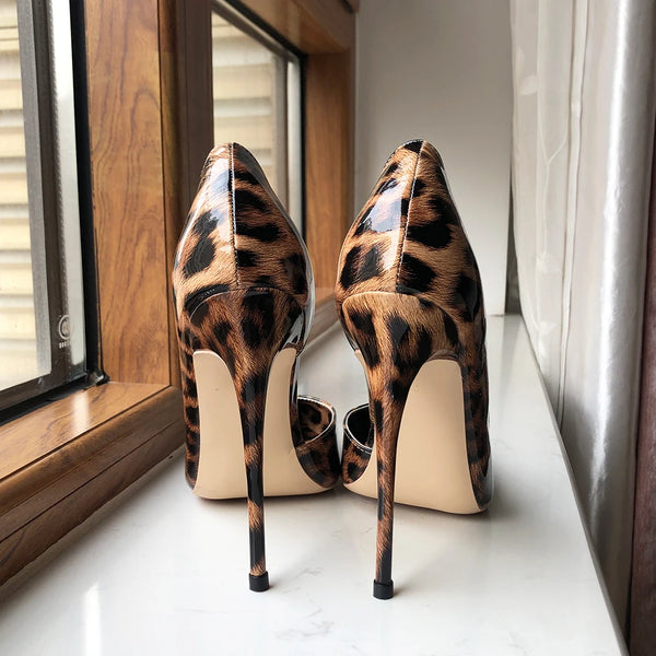 Glossy Leopard Women Pointy Toe Side Cut High Heel Shoes