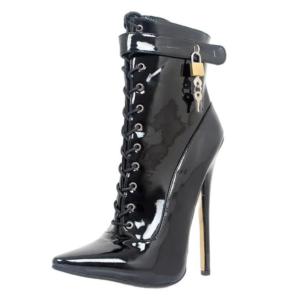 Lockable Ankle Boots 18CM Super High Heel Pointed toe Cross-tied Thin Heels Women  Boots With Locks