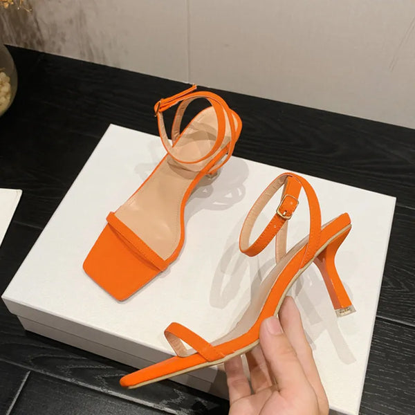 Fashion Square Toe Orange Sandals Thin Low Heel