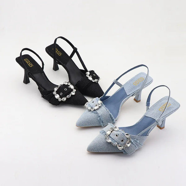Pointed high-heeled sandals  autumn Baotou rhinestone square buckle denim women's sandals