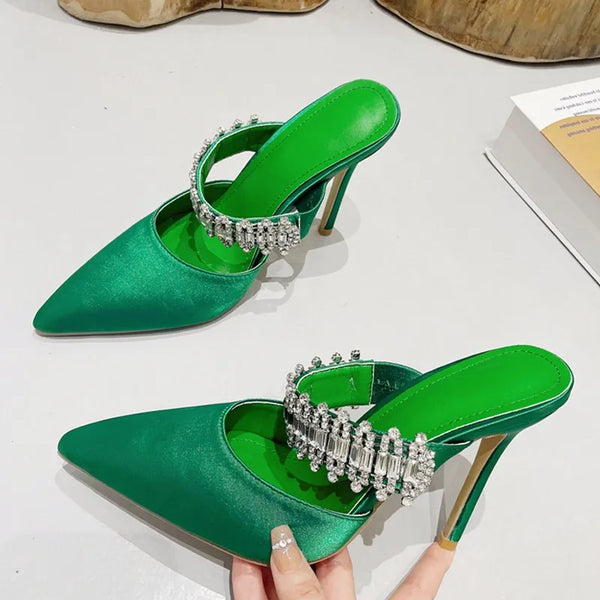 Zapatillas de tacón alto con diamantes de imitación para mujer, con punta puntiaguda, sin cordones