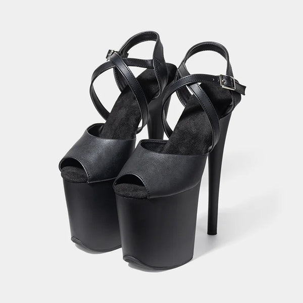 Matte Black PU Upper Fashion Sexy Exotic 20CM High Heel Platform Party Women Modern Sandals