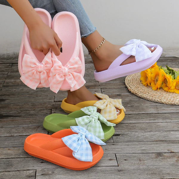 Summer Ladies Handmade Check Print Bows Flip-flops