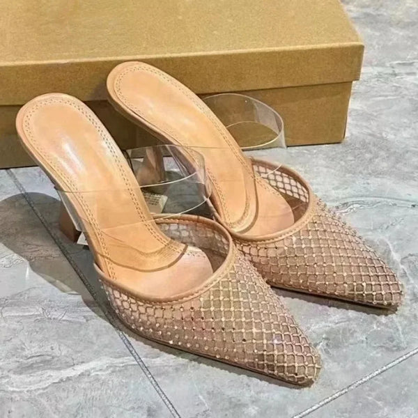 Luxury Woman Sandal Sexy Rhinestones Mesh Pointed Slingback High Heels