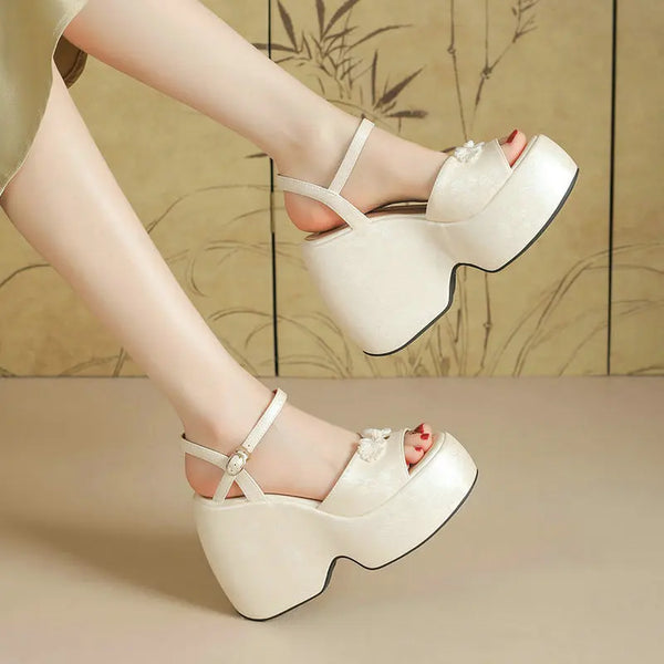 High Heel Shoes Platform Square High Heel Ladies Sandals Microfiber Open Toe Buckle Dress  Shoes