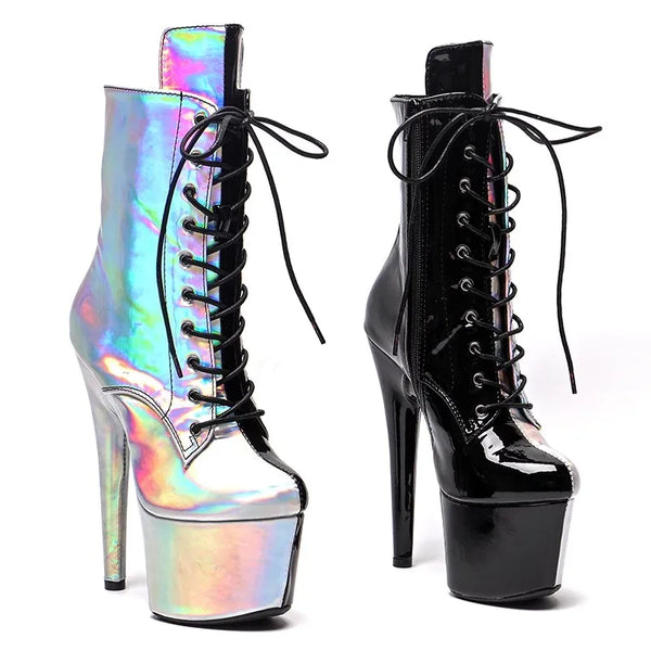 Botas modernas de tacón alto con plataforma para mujer, de 17 cm/7 pulgadas, con parte superior de PU, para fiesta