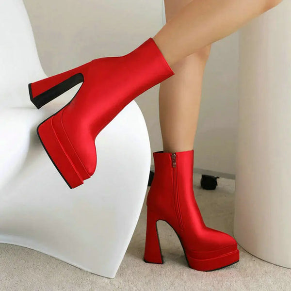 Black Red  Winter Women Ankle Boots Platform Square High Heel Ladies Short Boots