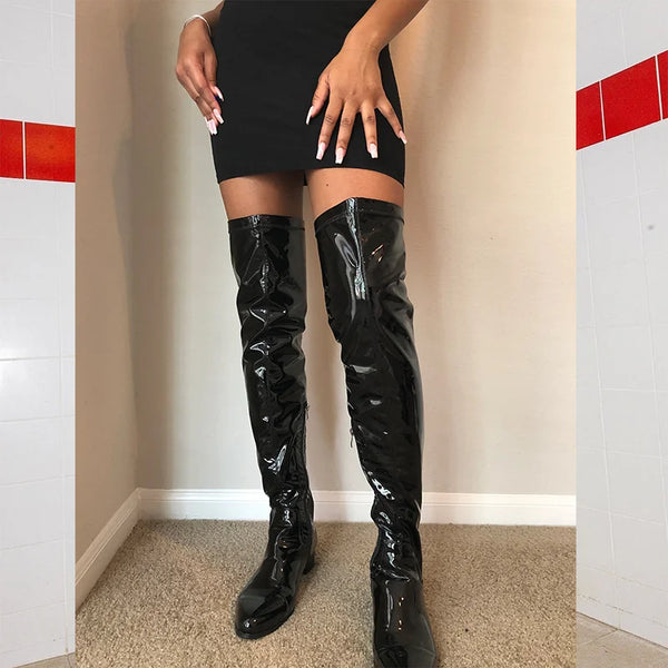Women's Over the Knee High Heel Zipper Boots Round Close Toe Pull On Chunky Heels