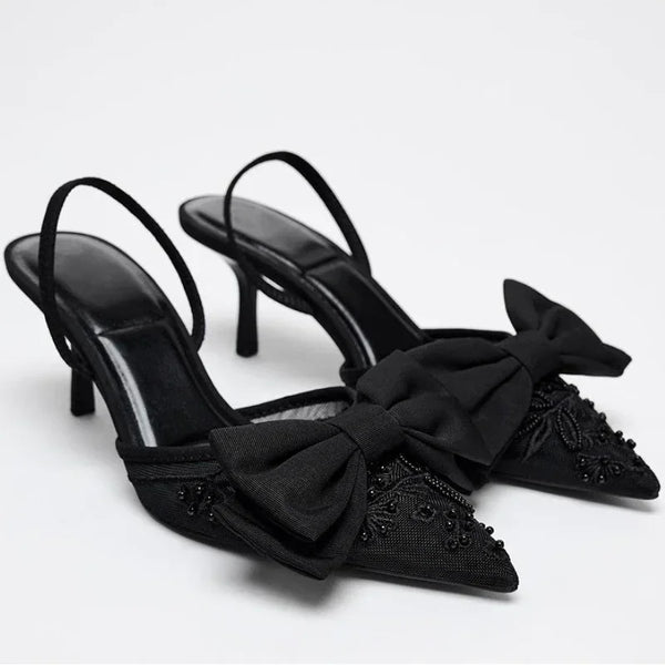 Brand Designer Thin High Heels Women Bow String Bead Pointed Slingback Mules Pumps