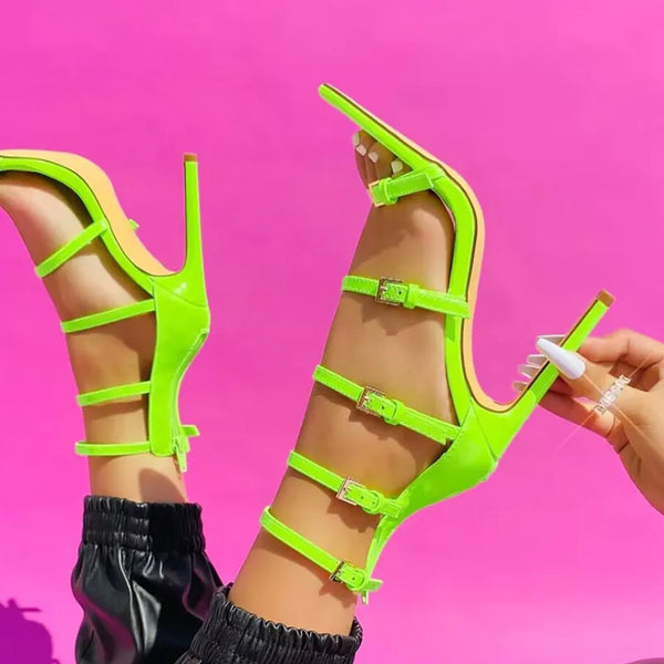 Sandalias doradas sexis con múltiples hebillas y punta puntiaguda para mujer, zapatos de vestir para banquete de boda