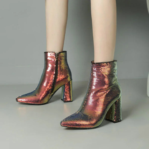 Women Ankle Boots Pointed Toe Square High Heel Ladies Short Boots Bling PU Leather