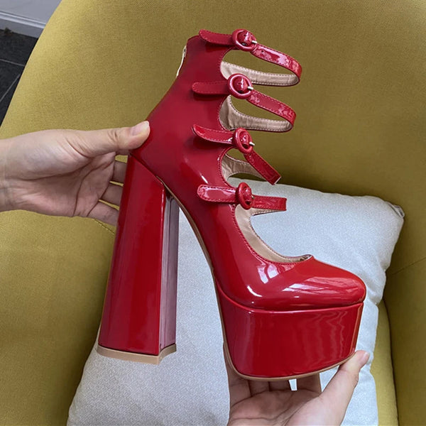 Women Platform Round Toe Chunky Square Heels Ankle Wrap Sandals