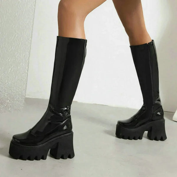 Black Red White Women Knee High Boots Platform Square High Heel Ladies Calf Boots