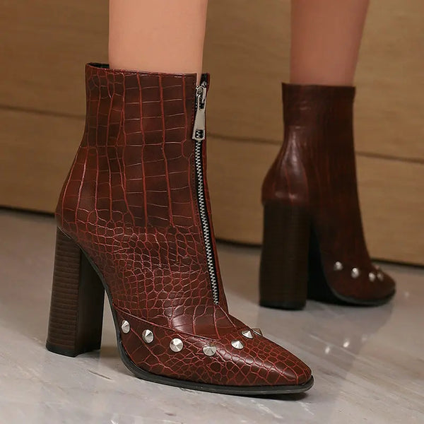 Women Ankle Boots Square High Heel Round Toe Ladies Short Boots PU Leather  Boots