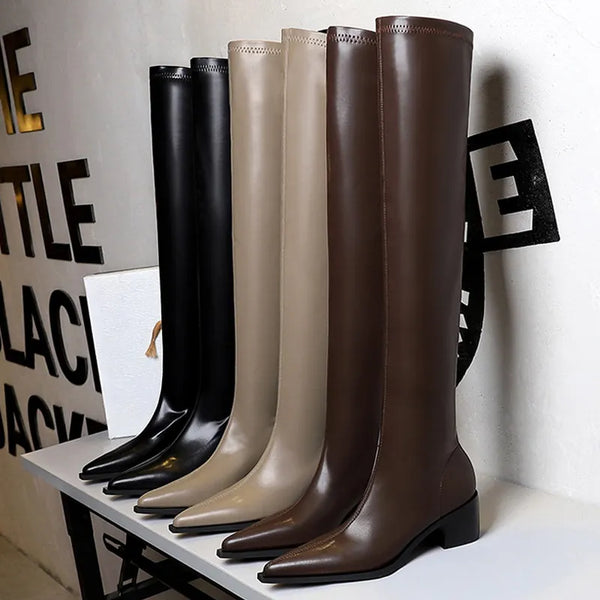 Nuevas botas de cuero sexys por encima de la rodilla, botas largas de tacón grueso, zapatos de mujer