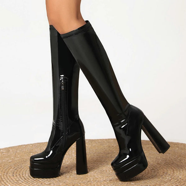 Women Knee High Boots Platform Thick High Heel Ladies Calf Boots
