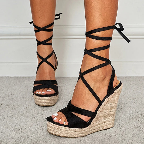 Fashion Lace-Up Summer Wedges Sandals Women Peep Toe Straw Rope Weav Thick Bottom