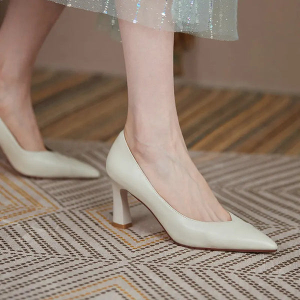 Genuine Leather Women High Heel Shoes Pointed Toe Square Heel Ladies Pumps Quality Comfort Dress Women Shoes