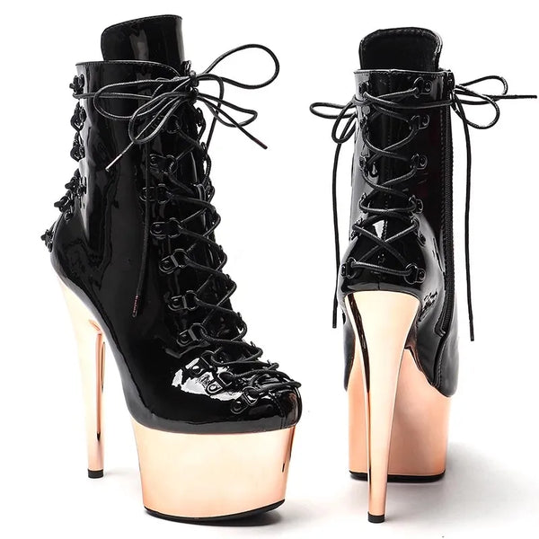 Botas modernas de tacón alto con plataforma para mujer, de 17 cm/7 pulgadas, con parte superior de charol