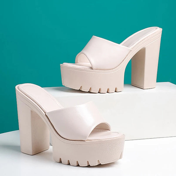 Punk Style Black White Chunky High Heels Slippers For Women