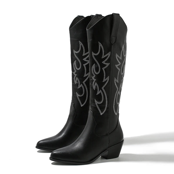Embroidered Pointed Toe Women Knee-High Boots Western Cowgirl Booties Chunky Low Square Heel