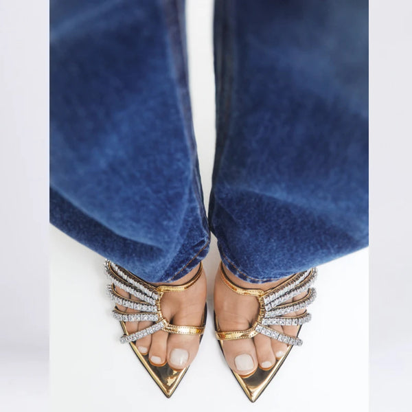 Pantuflas sexis doradas de cristal con tacones finos para mujer