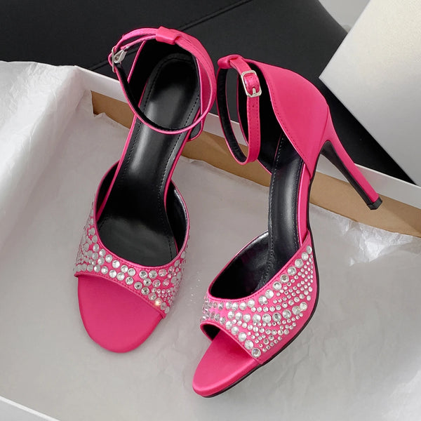 Silk CRYSTAL Sandals Women Thin Heels  Summer Sexy Prom Party Shoes