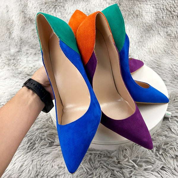 Sexy Orange Purple Color block Patchwork Women Flock Pointy Toe High Heel Shoes