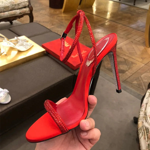 Sandalias de mujer con diamantes de imitación y serpentina, zapatos de fiesta para mujer, sandalias romanas de tacón alto.