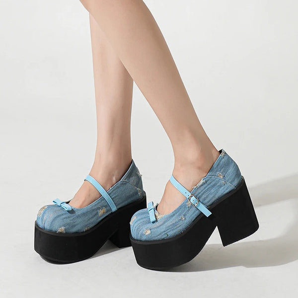 Street Style Blue Denim Platform High Heels Women Pumps Sandal