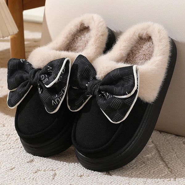 Lindos zapatos de ocio antideslizantes de felpa gruesa con lazo para otoño e invierno