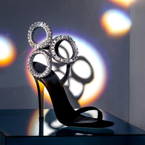 Rhinestones in one line exposed toes thin heels Roman sandals