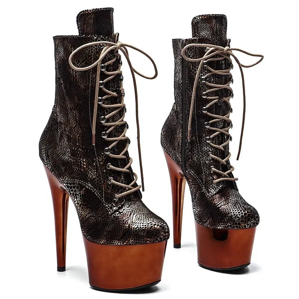 Botas modernas de tacón alto con plataforma para mujer, de 17 cm/7 pulgadas, con parte superior de PU y colores variados para fiesta