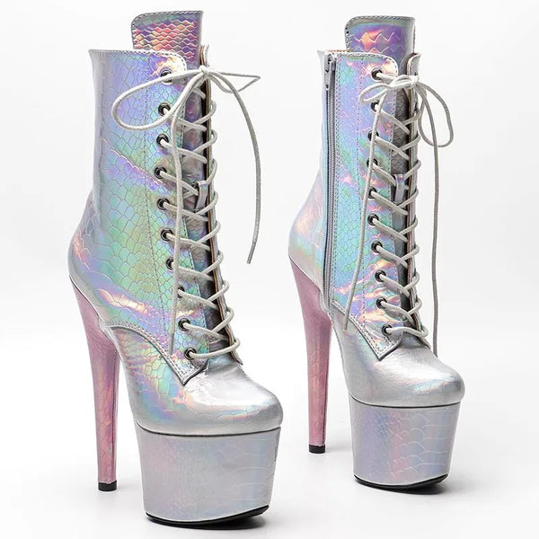 Botas modernas de tacón alto con plataforma para mujer, de 17 cm/7 pulgadas, con parte superior de PU y colores variados para fiesta
