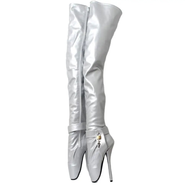 18CM Super High Ballet Heel Stilettos Sexy Fetish Lockable Crotch Long Boots