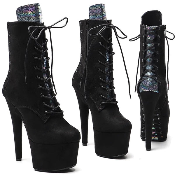 Botas modernas de tacón alto con plataforma para fiesta, de 17 cm/7 pulgadas, con parte superior de gamuza