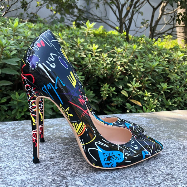 Black Patent Graffiti 12cm High Heels Women Sexy Pointy Toe Stilettos Pumps