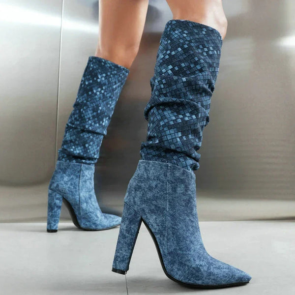 Blue Apricot Yellow Women Knee High Boots Pointed Toe Square High Heel Ladies Calf Boots
