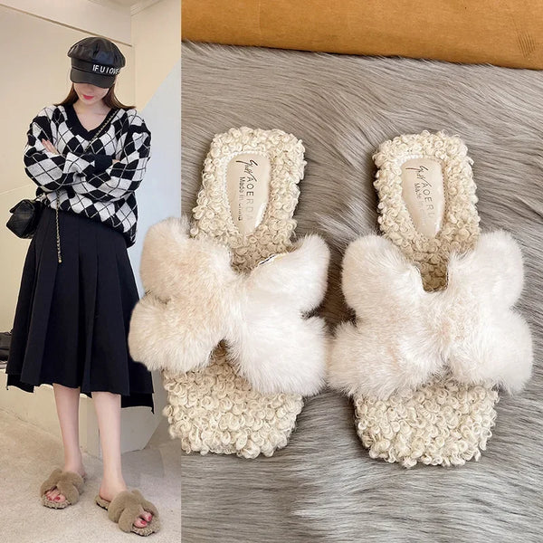 Fur Autumn Winter Open Toe Wool Comfort Warm Slippers