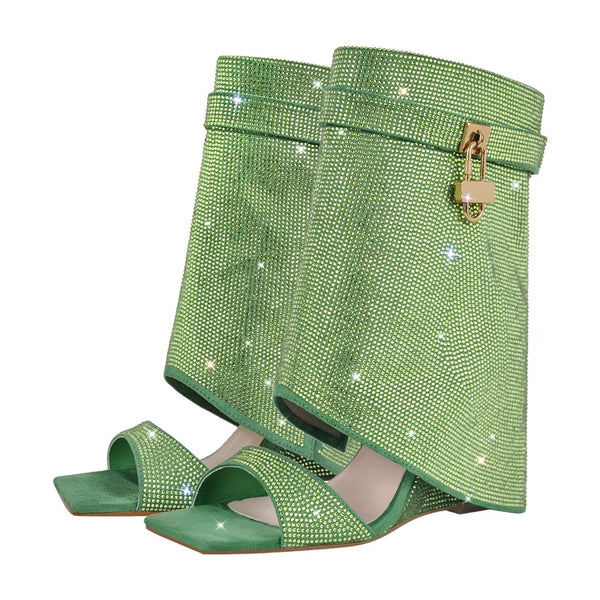 Women Green Rhinestone Encrusted Wedge Lock Summer Sandals