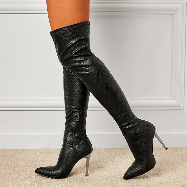 Black Snake Print  Autumn Winter Motorcycle Thigh High Boots Women